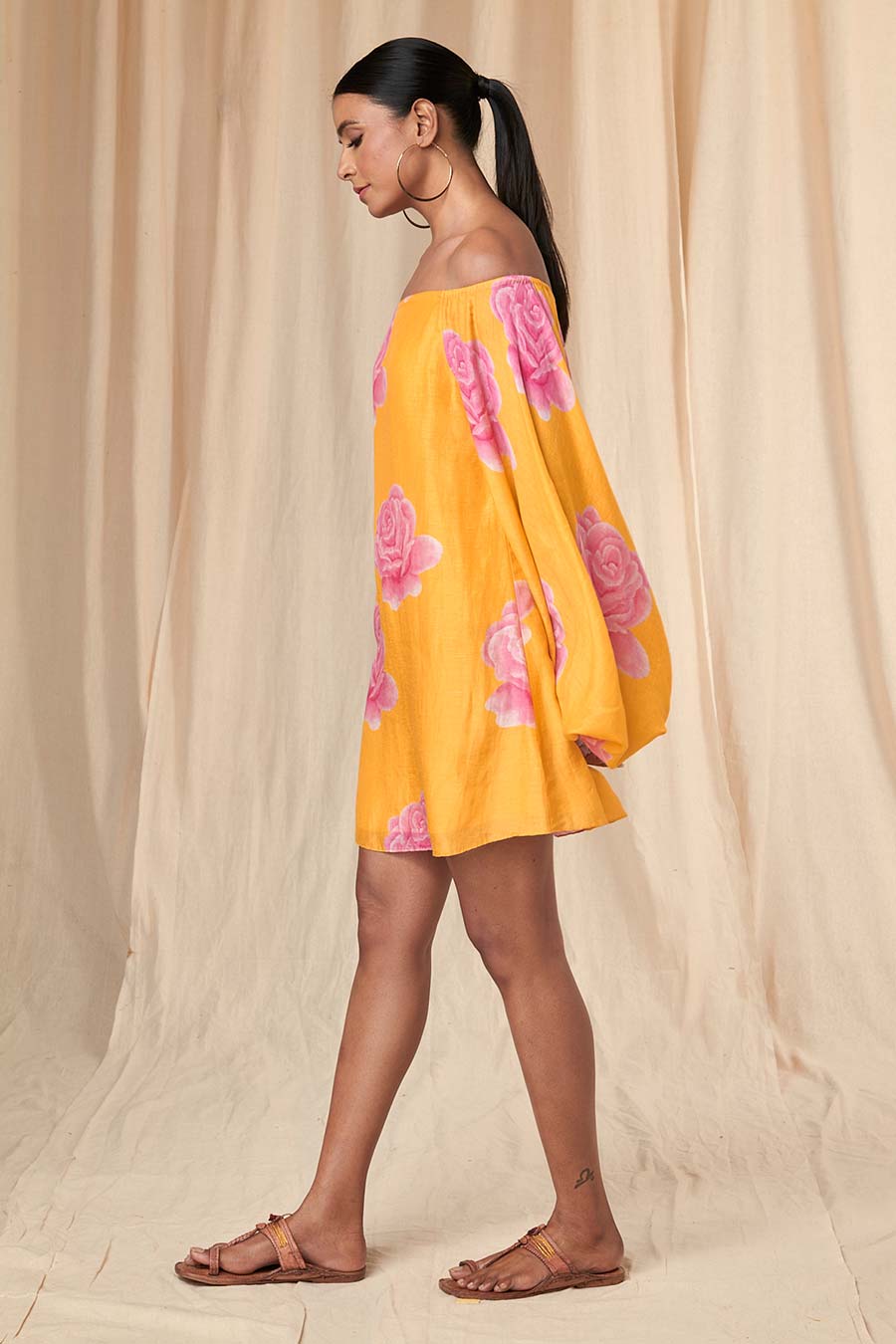 Yellow Rosy Off-Shoulder Short Dress