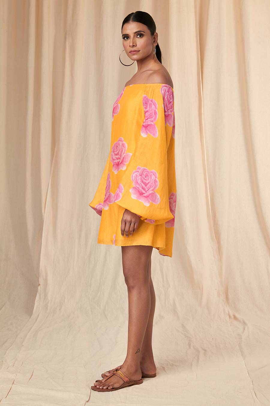 Yellow Rosy Off-Shoulder Short Dress