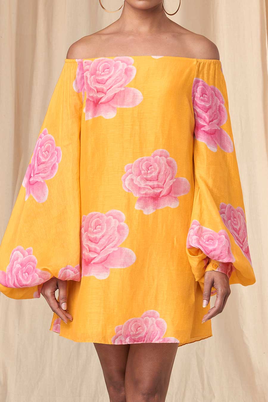 Yellow Rosy Off-Shoulder Short Dress