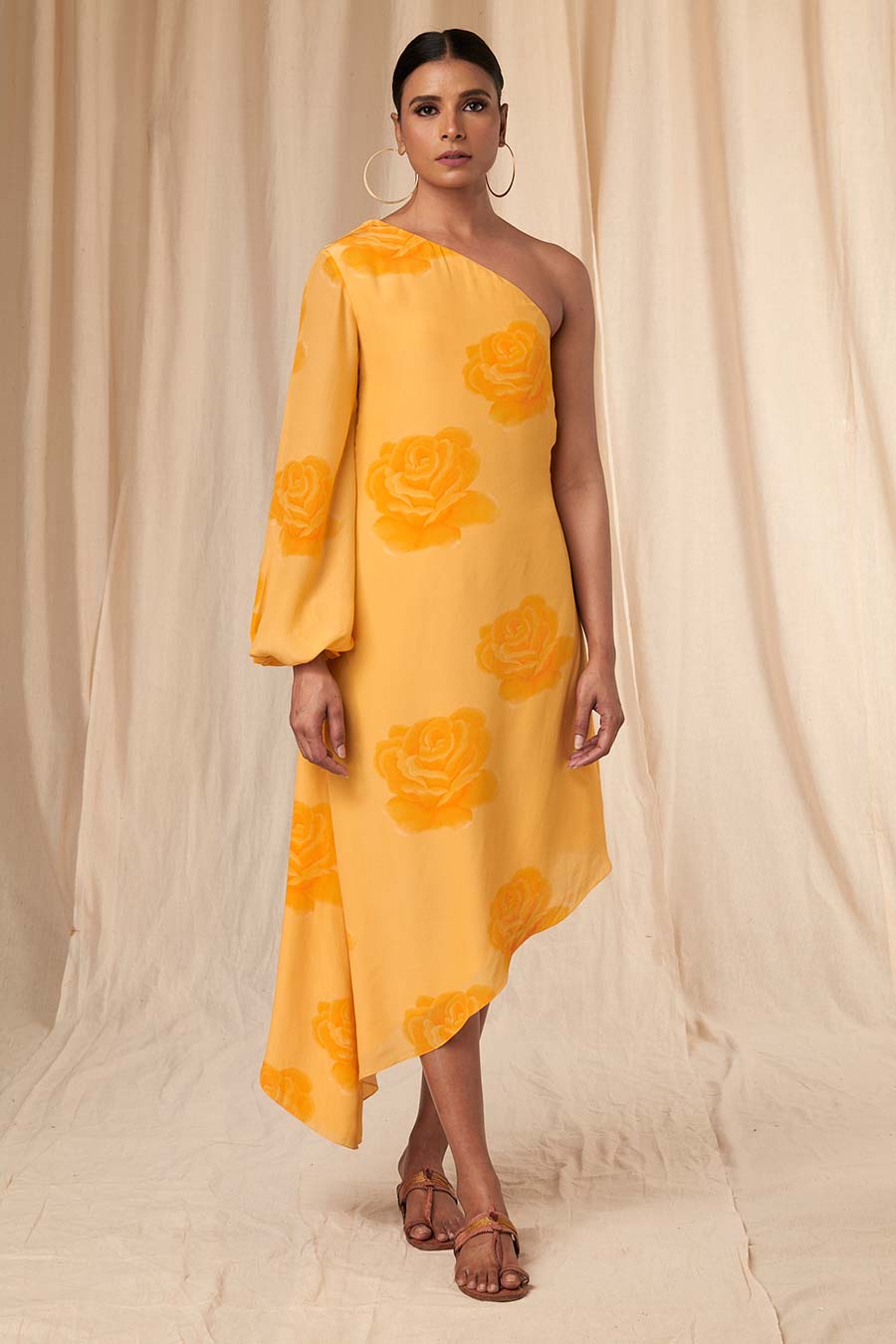 Yellow Rosy One-Shoulder Dress