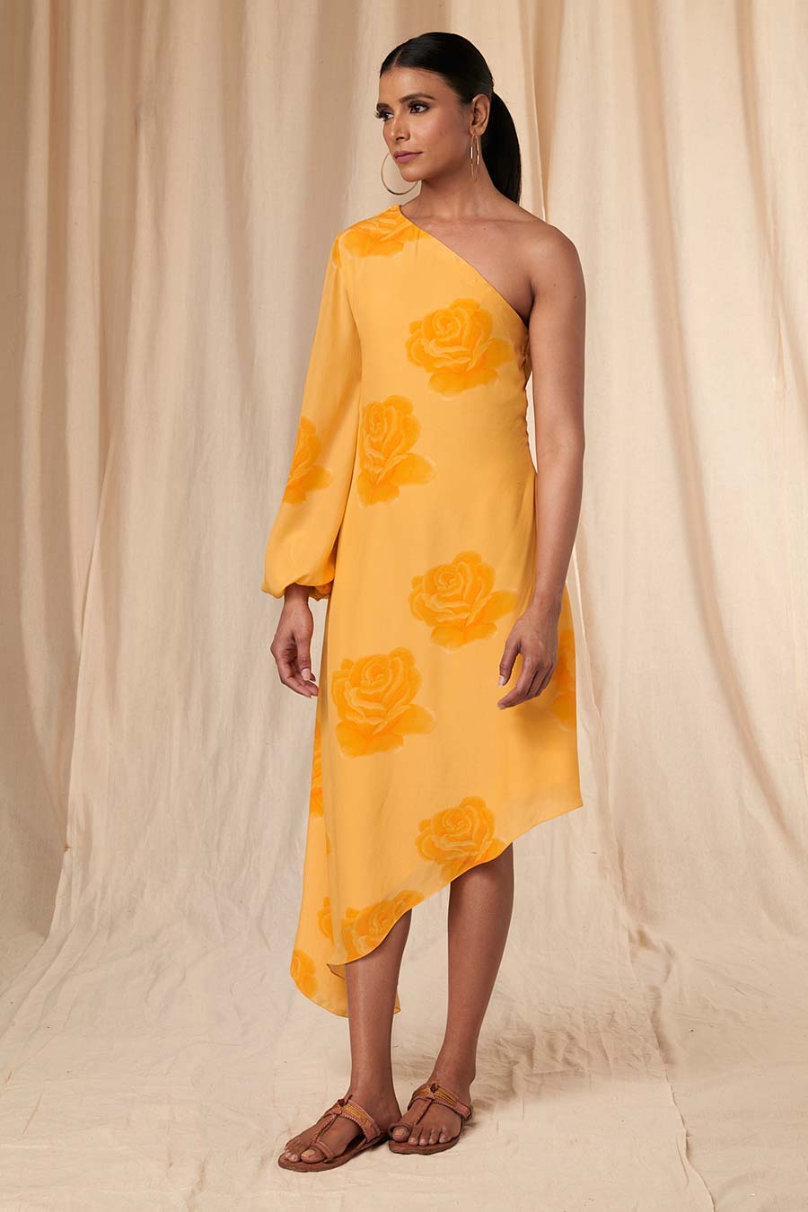 Yellow Rosy One-Shoulder Dress