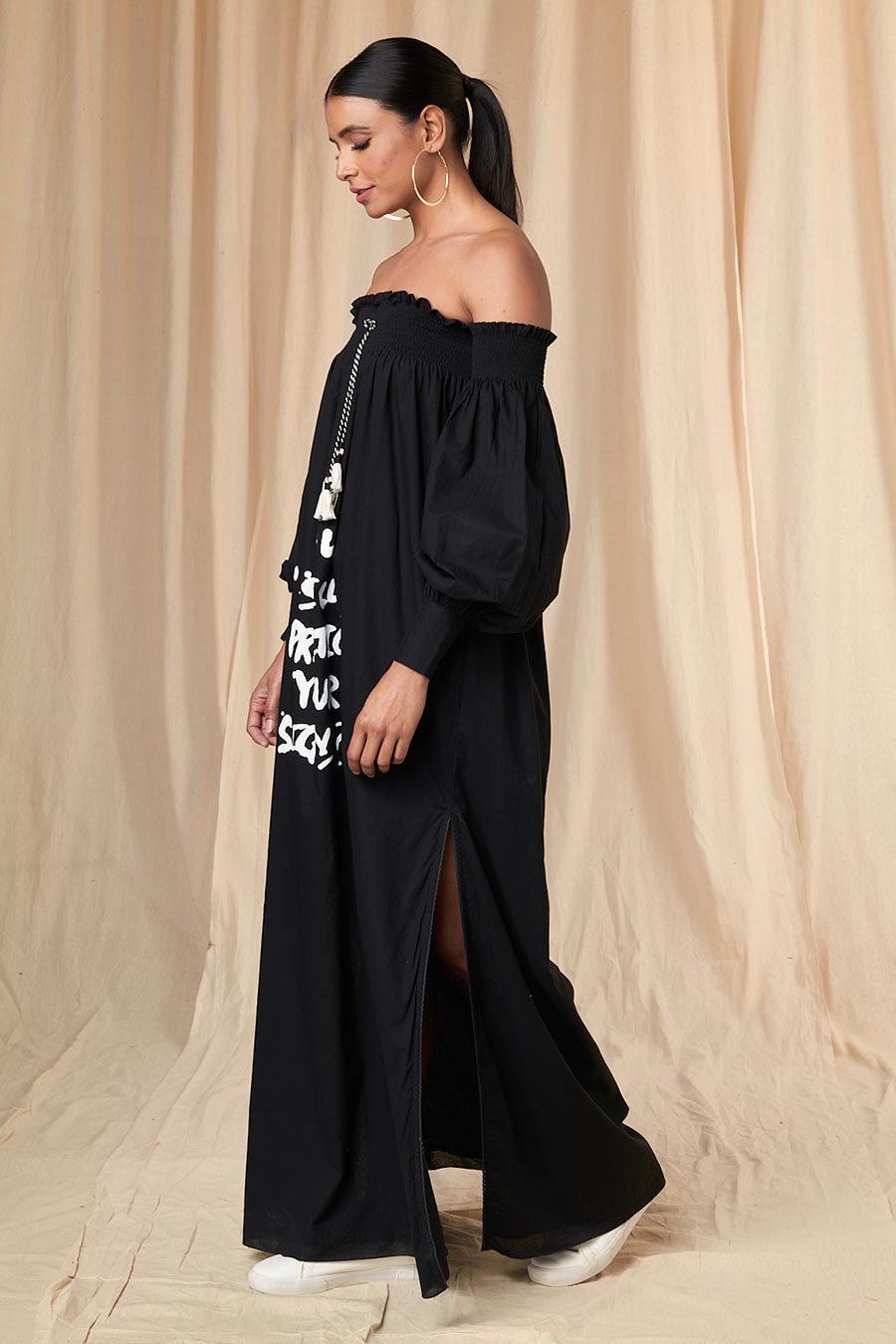 Black Slogan Print Off-Shoulder Dress