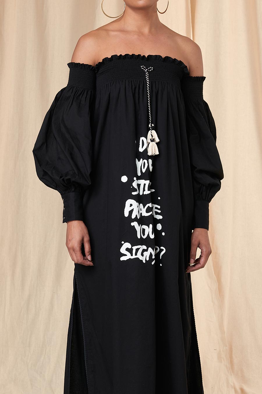 Black Slogan Print Off-Shoulder Dress