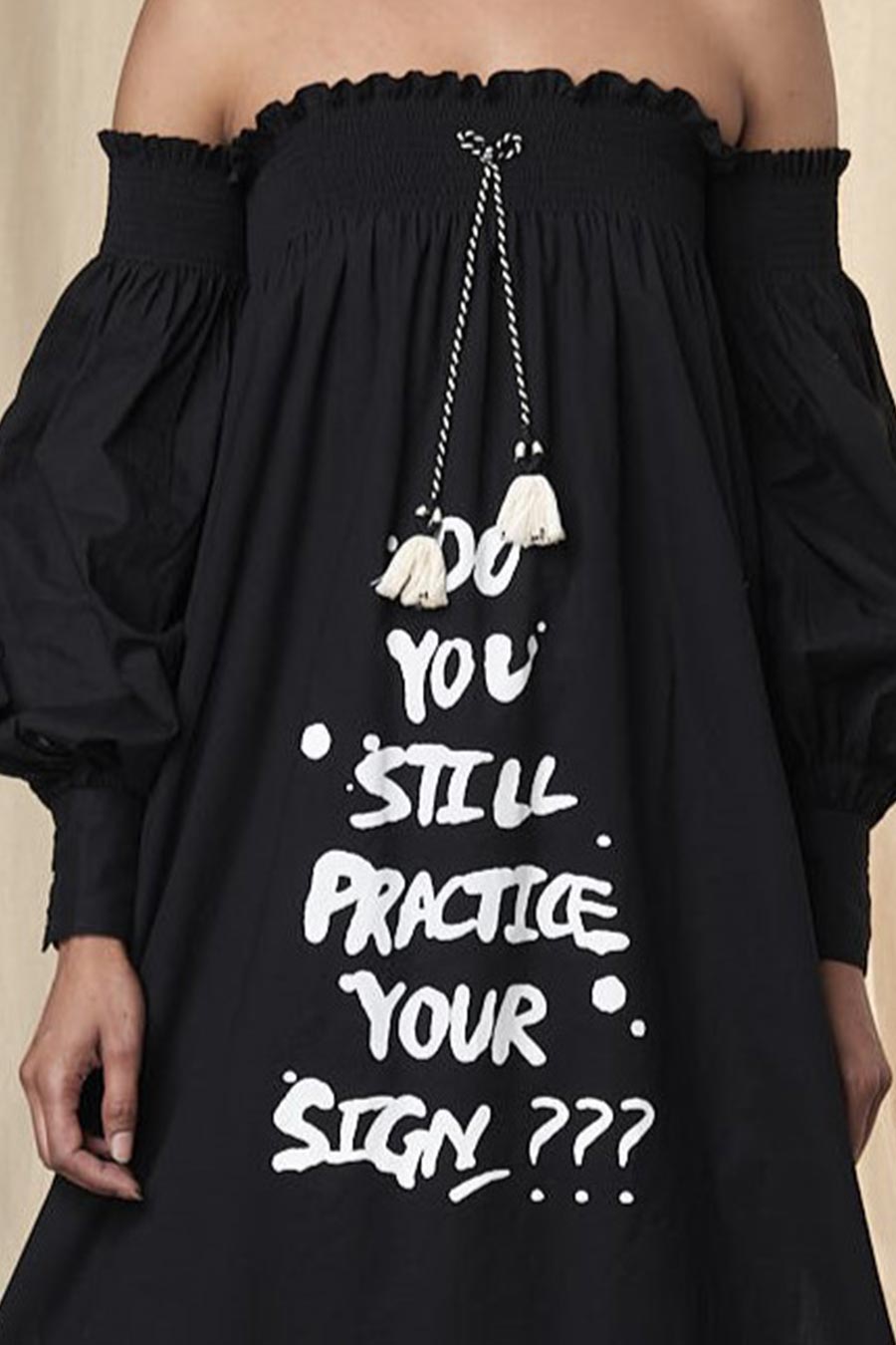 Black Slogan Print Off-Shoulder Dress