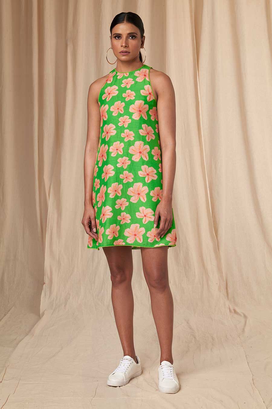 Green Flower Passion Halter Neck Short Dress