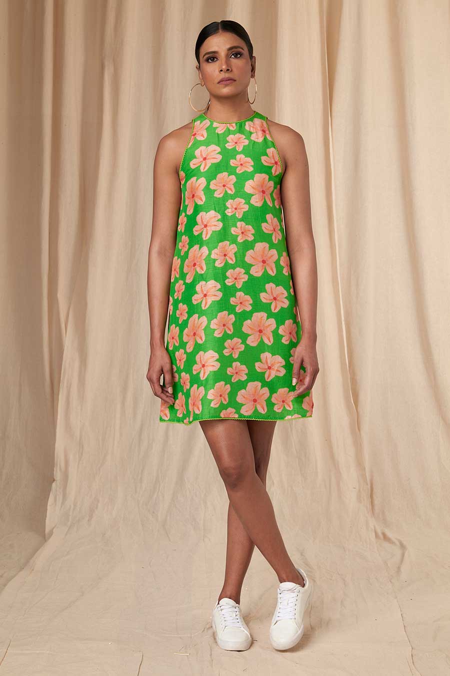 Green Flower Passion Halter Neck Short Dress