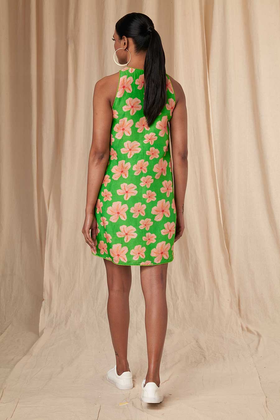 Green Flower Passion Halter Neck Short Dress