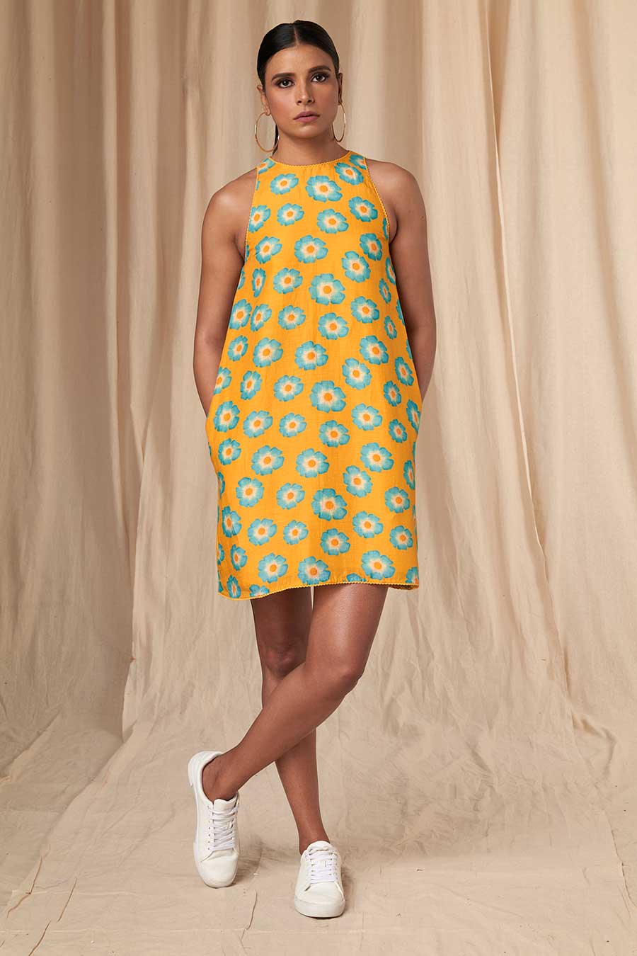 Yellow Crazy Daizy Halter Neck Short Dress