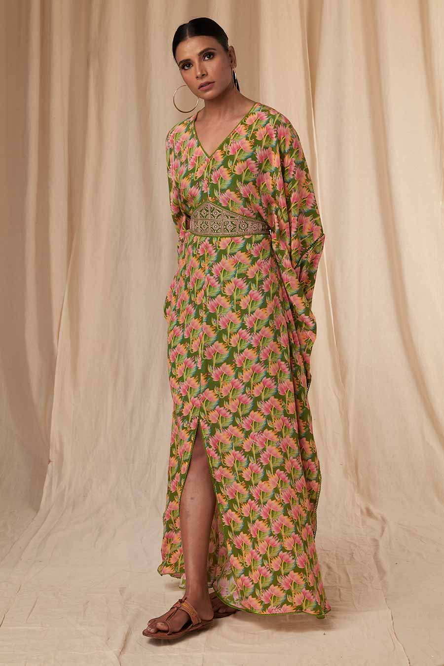 Sap Green Little Graden Kaftan Dress With Belt