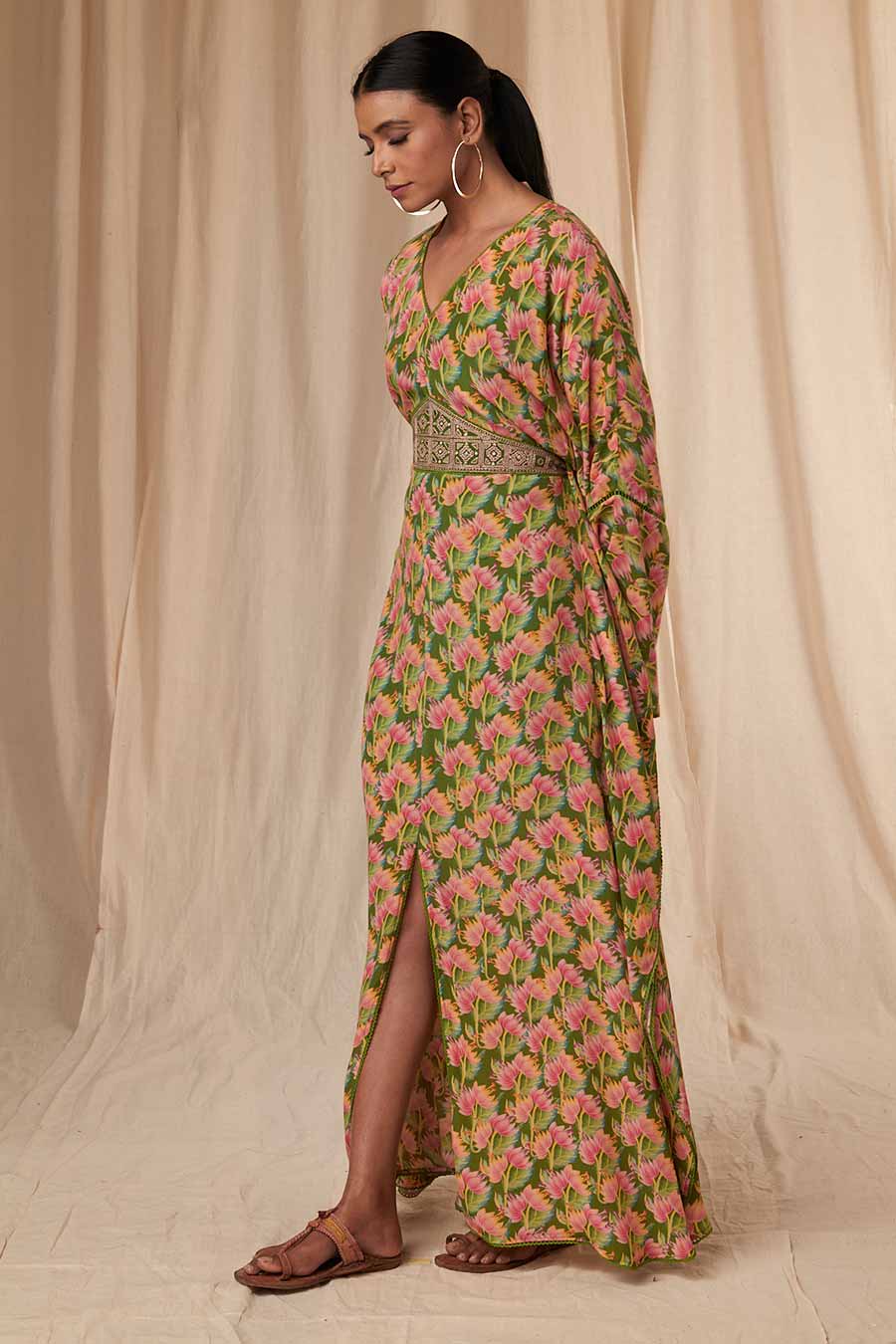 Sap Green Little Graden Kaftan Dress With Belt