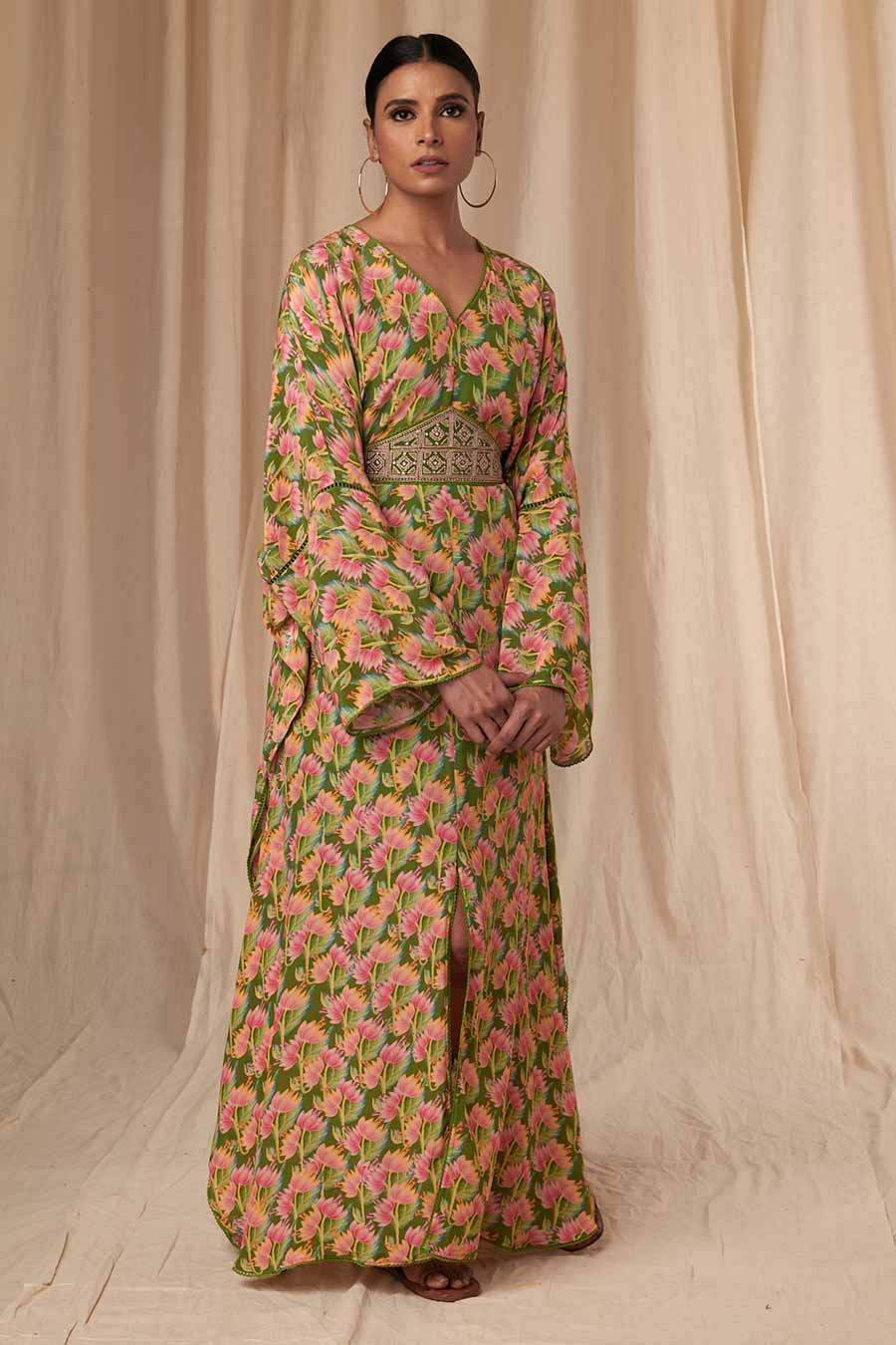 Sap Green Little Graden Kaftan Dress With Belt