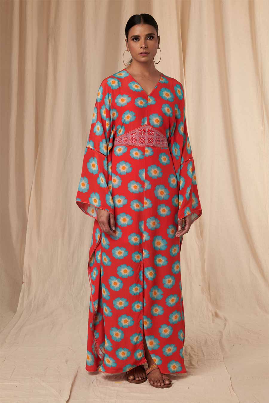 Red Crazy Daisy Kaftan Dress With Belt