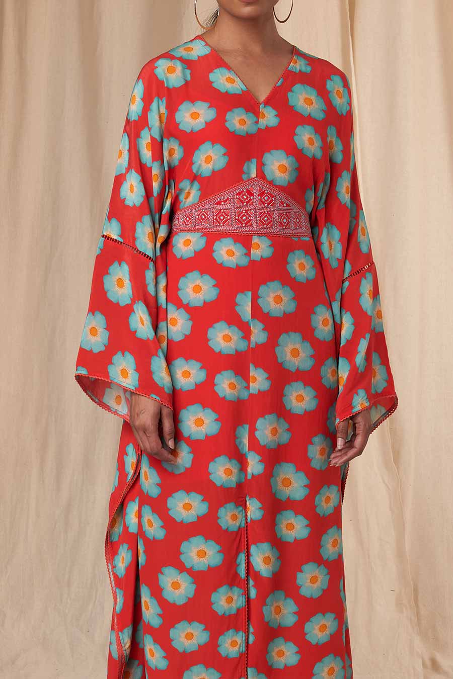 Red Crazy Daisy Kaftan Dress With Belt