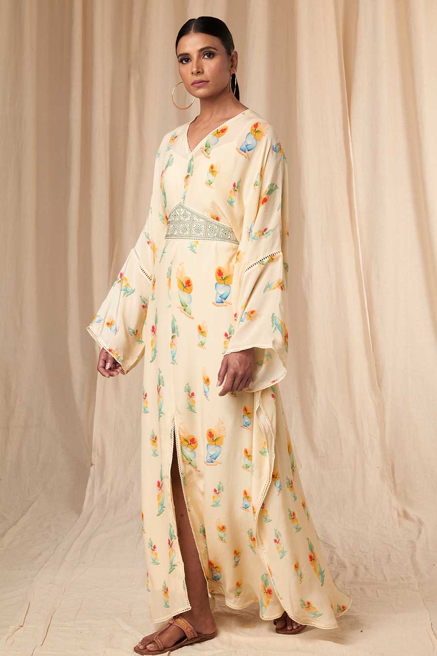 Ivory Rock N Roll Kaftan Dress With Belt