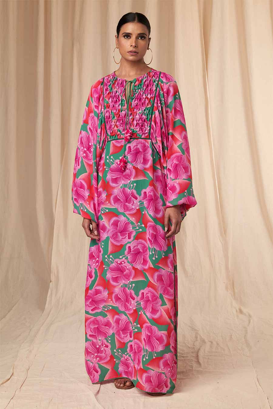 Pink-Green Bloomerang Smocked Kaftan Dress