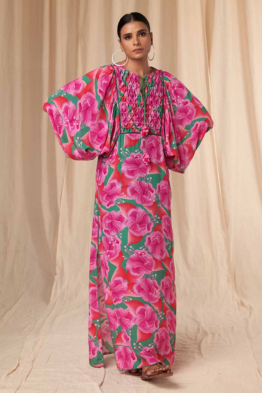 Pink-Green Bloomerang Smocked Kaftan Dress