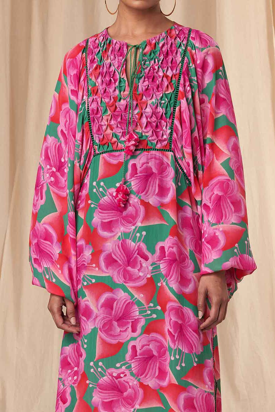 Pink-Green Bloomerang Smocked Kaftan Dress