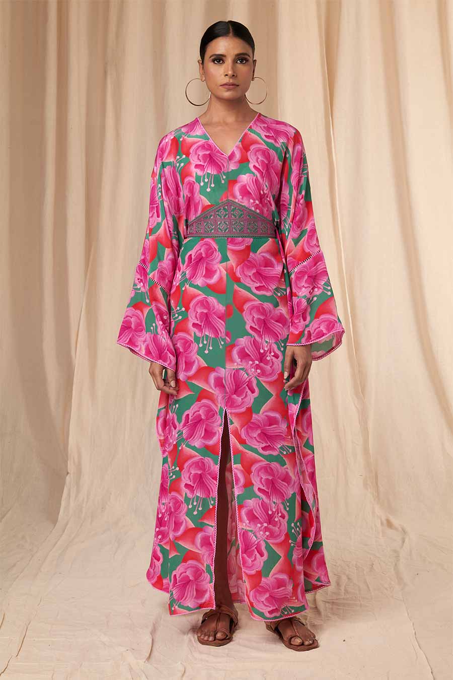 Pink-Green Bloomerang Kaftan Dress With Belt