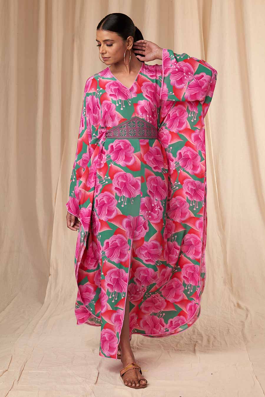 Pink-Green Bloomerang Kaftan Dress With Belt