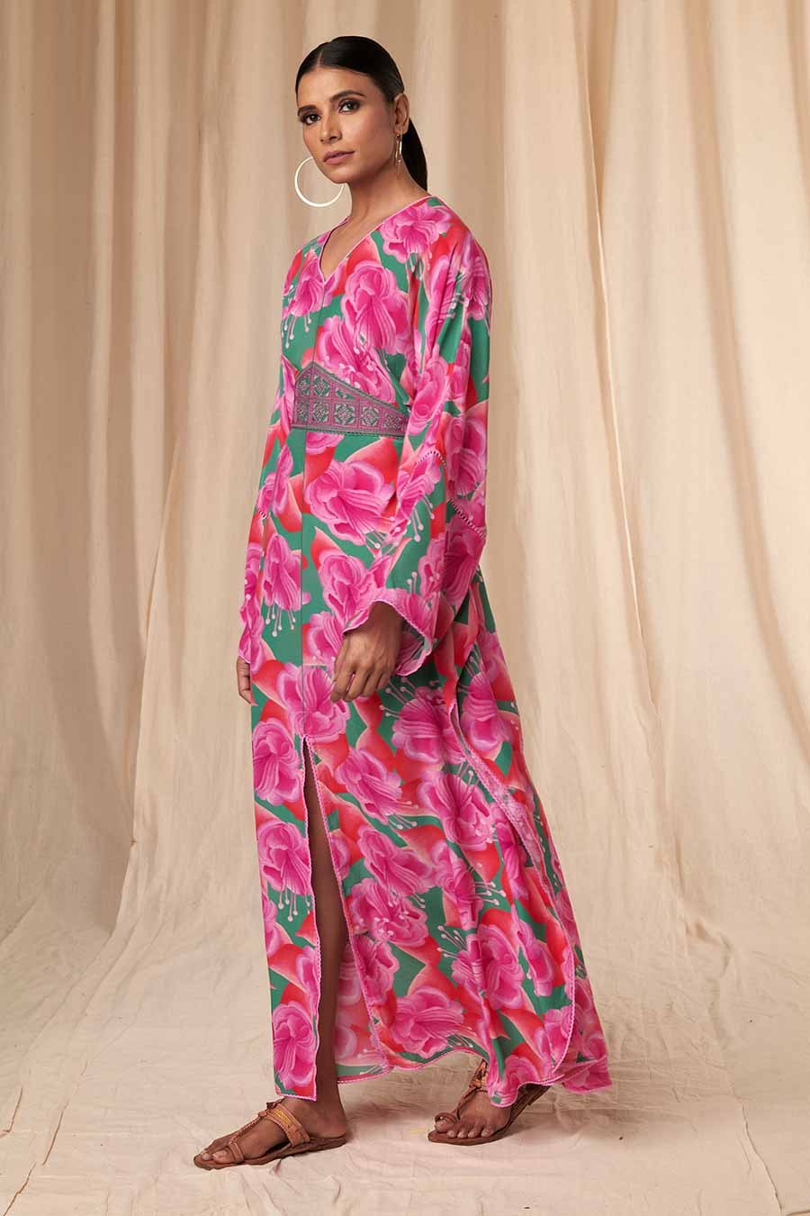 Pink-Green Bloomerang Kaftan Dress With Belt