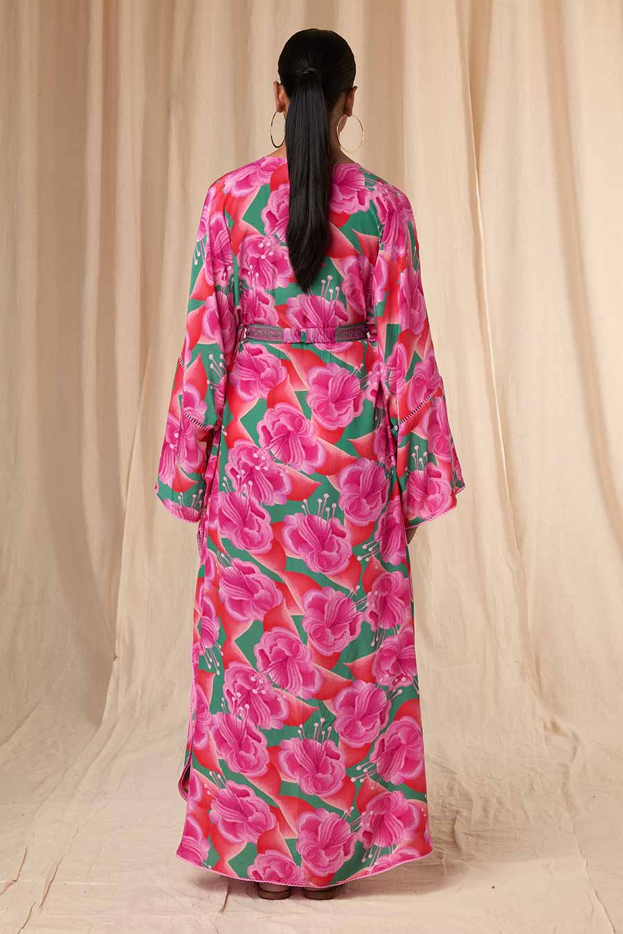 Pink-Green Bloomerang Kaftan Dress With Belt