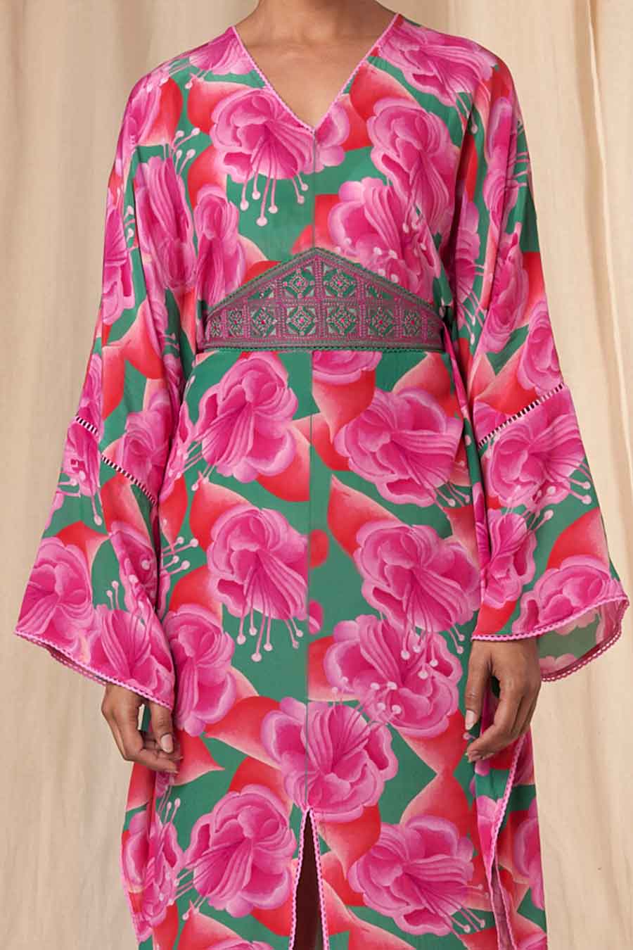 Pink-Green Bloomerang Kaftan Dress With Belt