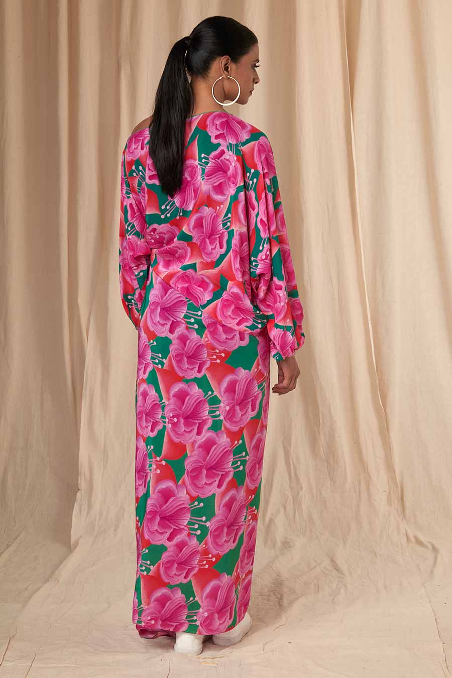 Pink-Green Bloomerang Poncho & Drape Skirt Set