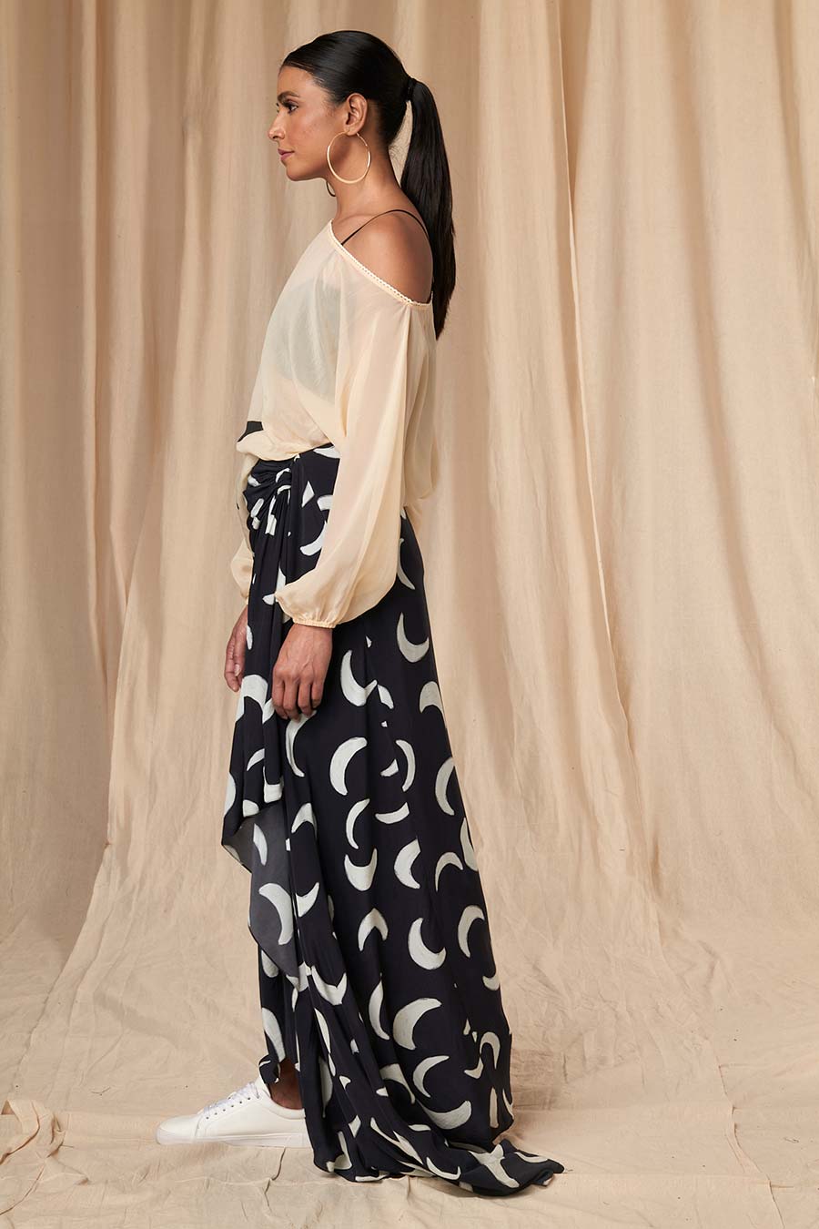 Black & Ivory Mooncrest Poncho & Drape Skirt Set