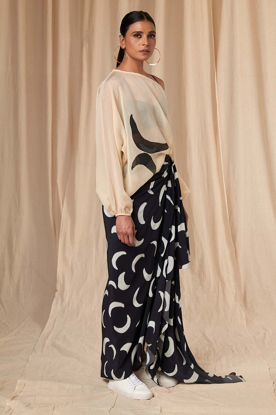 Black & Ivory Mooncrest Poncho & Drape Skirt Set
