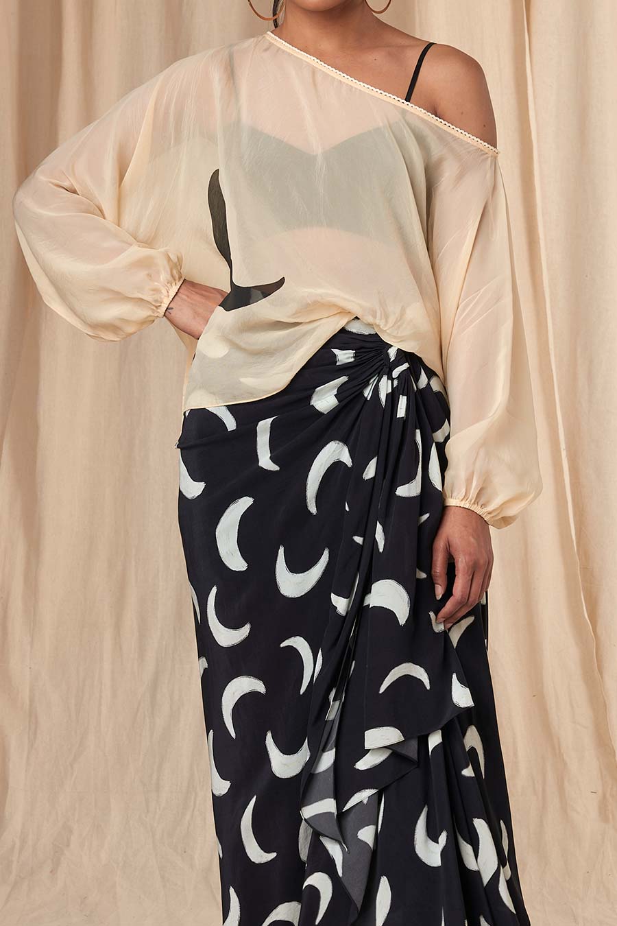 Black & Ivory Mooncrest Poncho & Drape Skirt Set