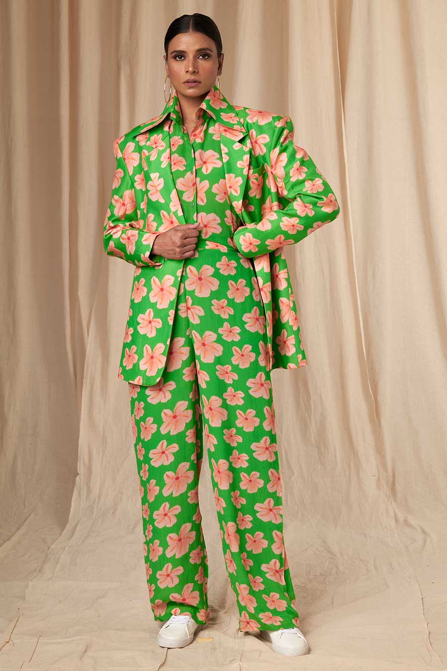 Green Flower Passion Shirt Pants & Blazer Set (3Pc)