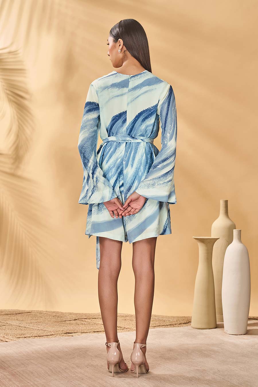 Rhythmic Curves Blue Printed Playsuit With Belt