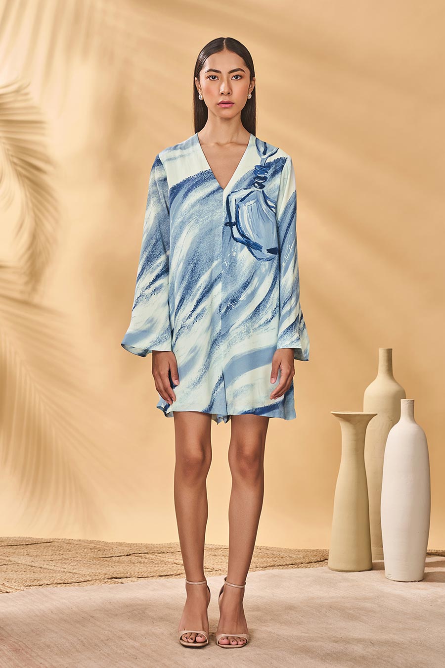 Rhythmic Curves Blue Printed Playsuit With Belt