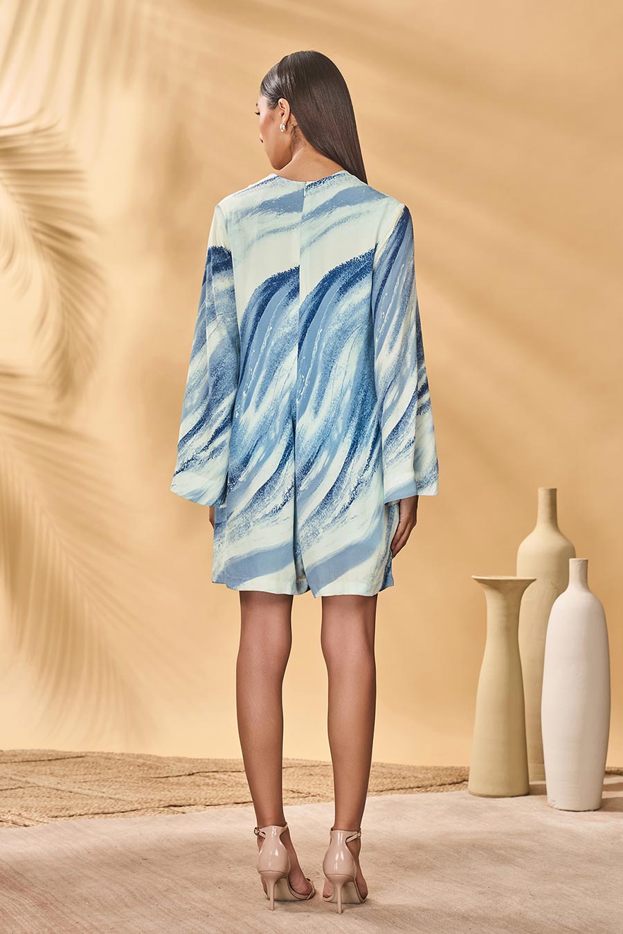 Rhythmic Curves Blue Printed Playsuit With Belt