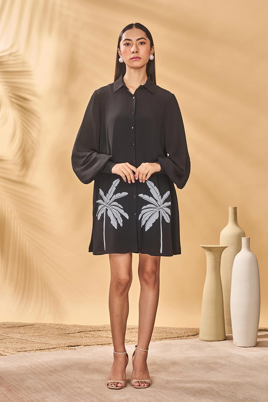 Black Trellis Palm Khadi Prunted Shirt Dress