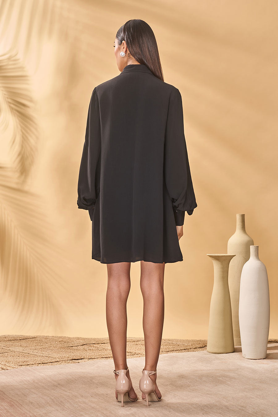 Black Trellis Palm Khadi Prunted Shirt Dress