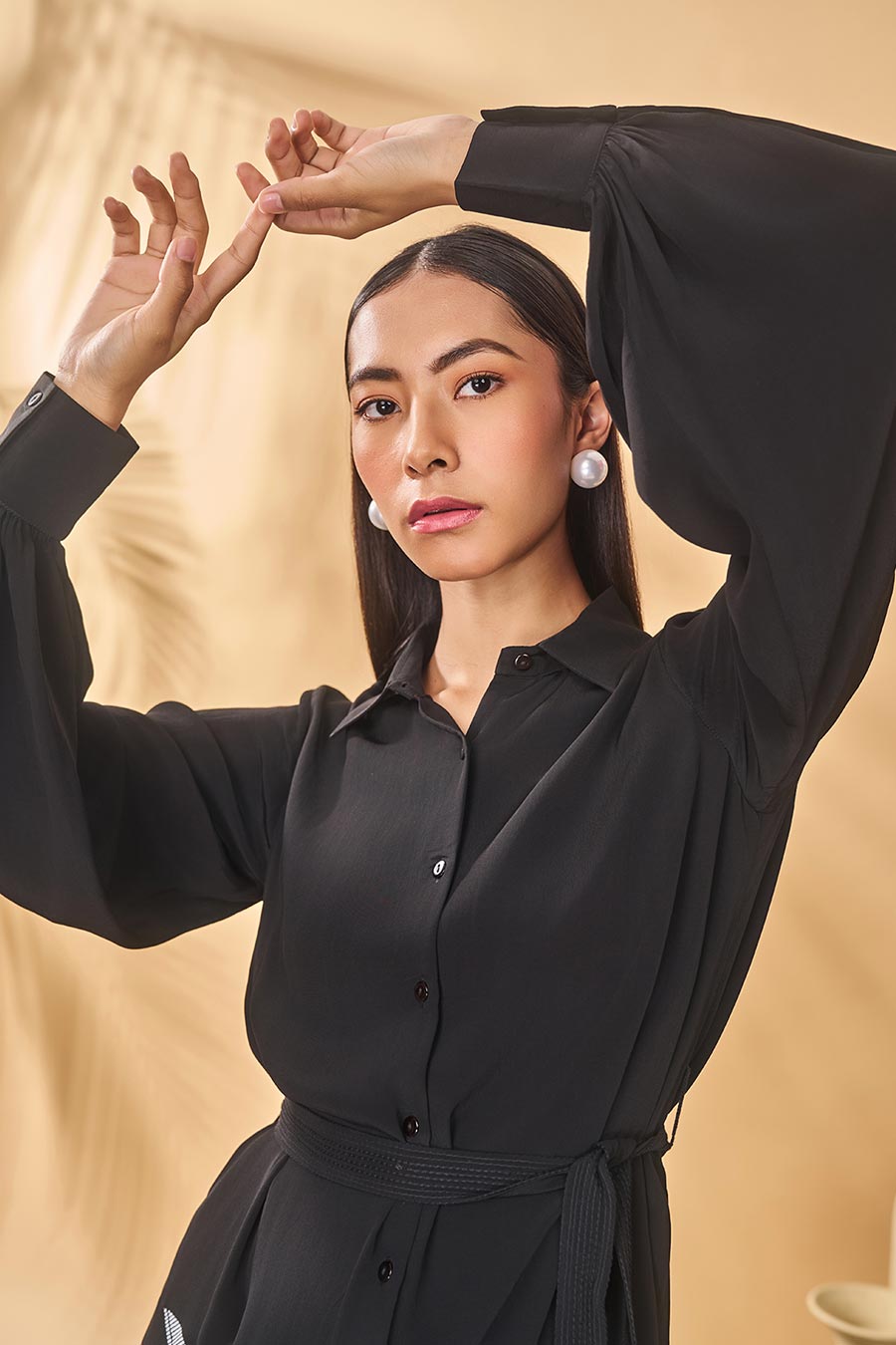 Black Trellis Palm Khadi Prunted Shirt Dress