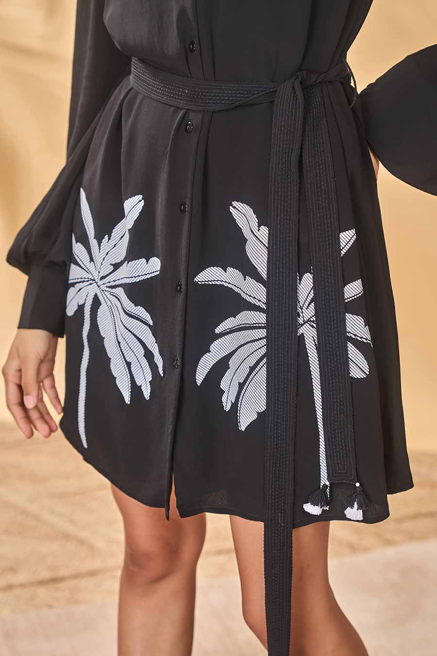 Black Trellis Palm Khadi Prunted Shirt Dress