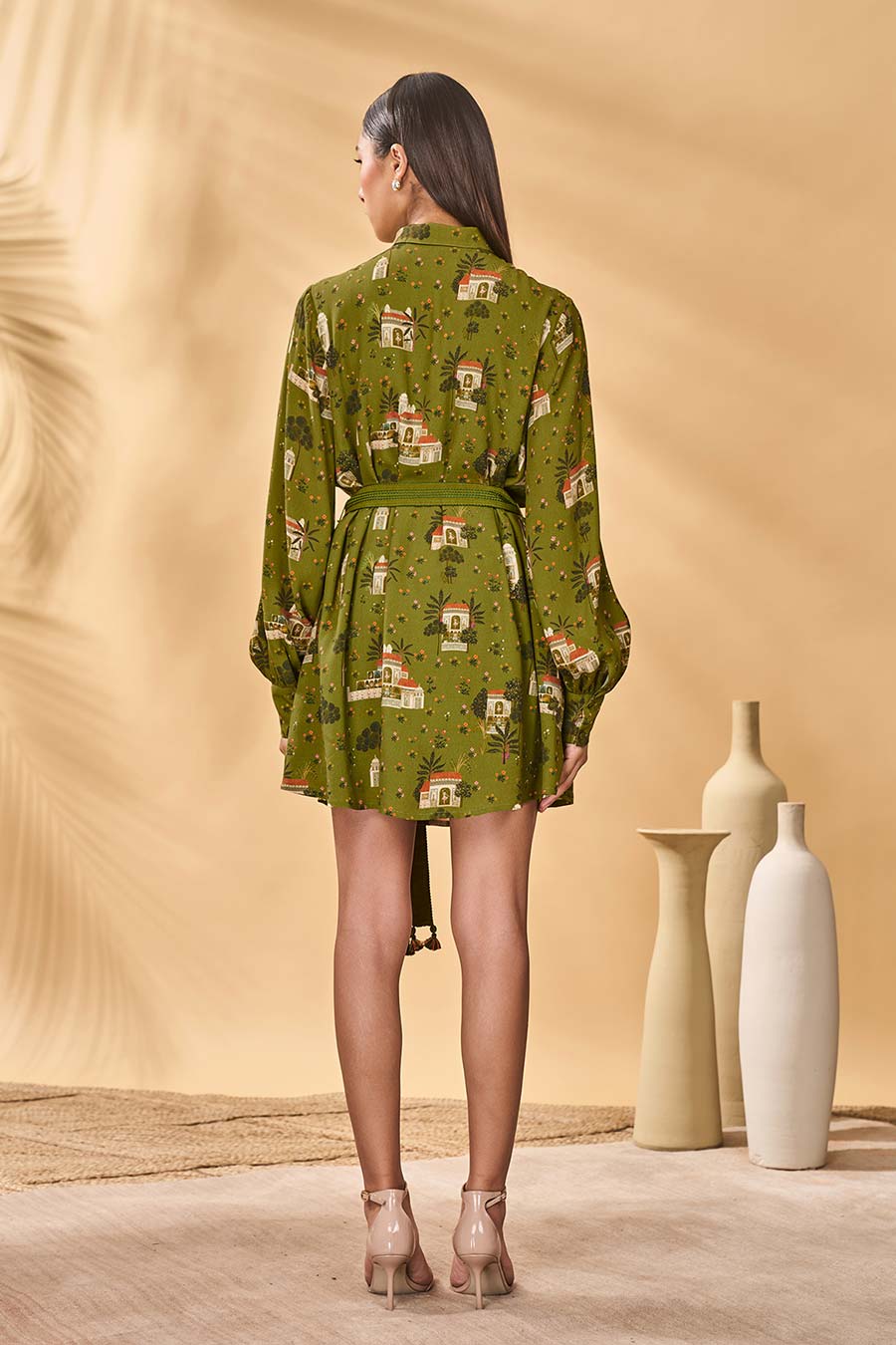 Olive Miniature Dreams Printed Shirt Dress