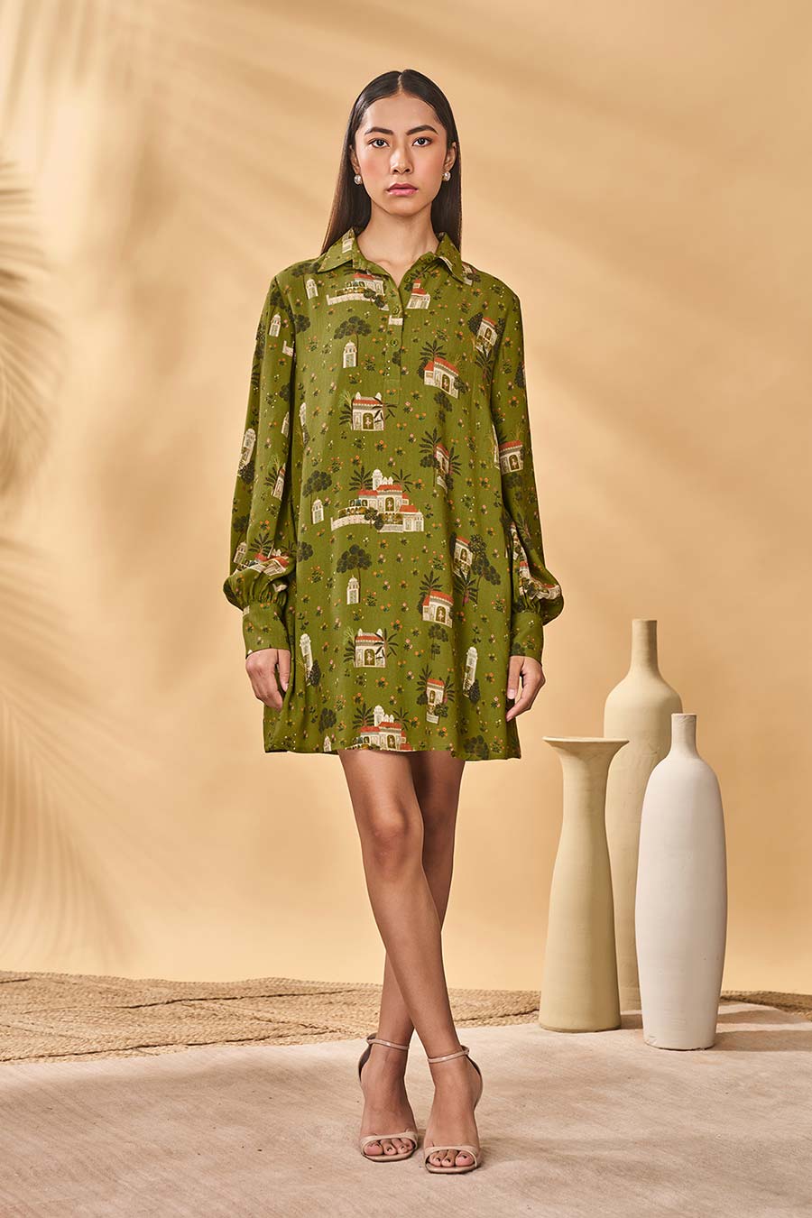 Olive Miniature Dreams Printed Shirt Dress