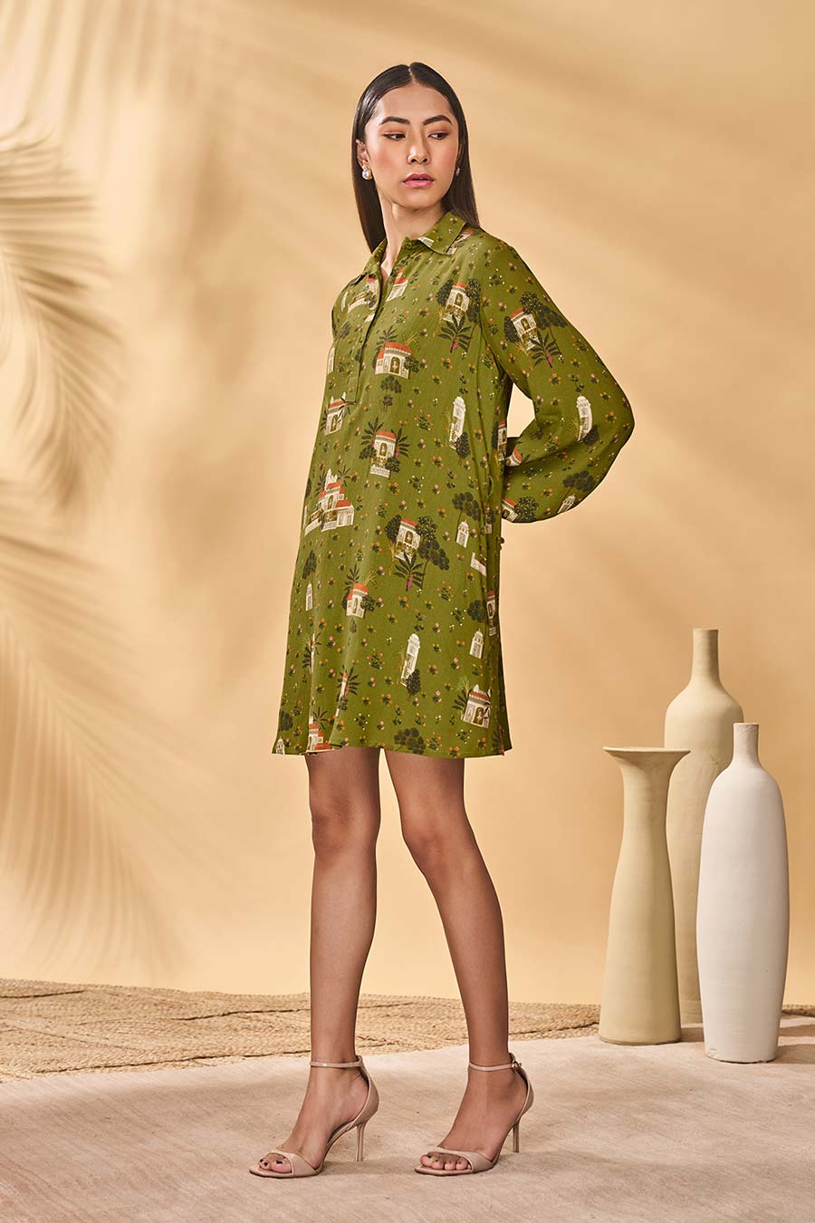 Olive Miniature Dreams Printed Shirt Dress