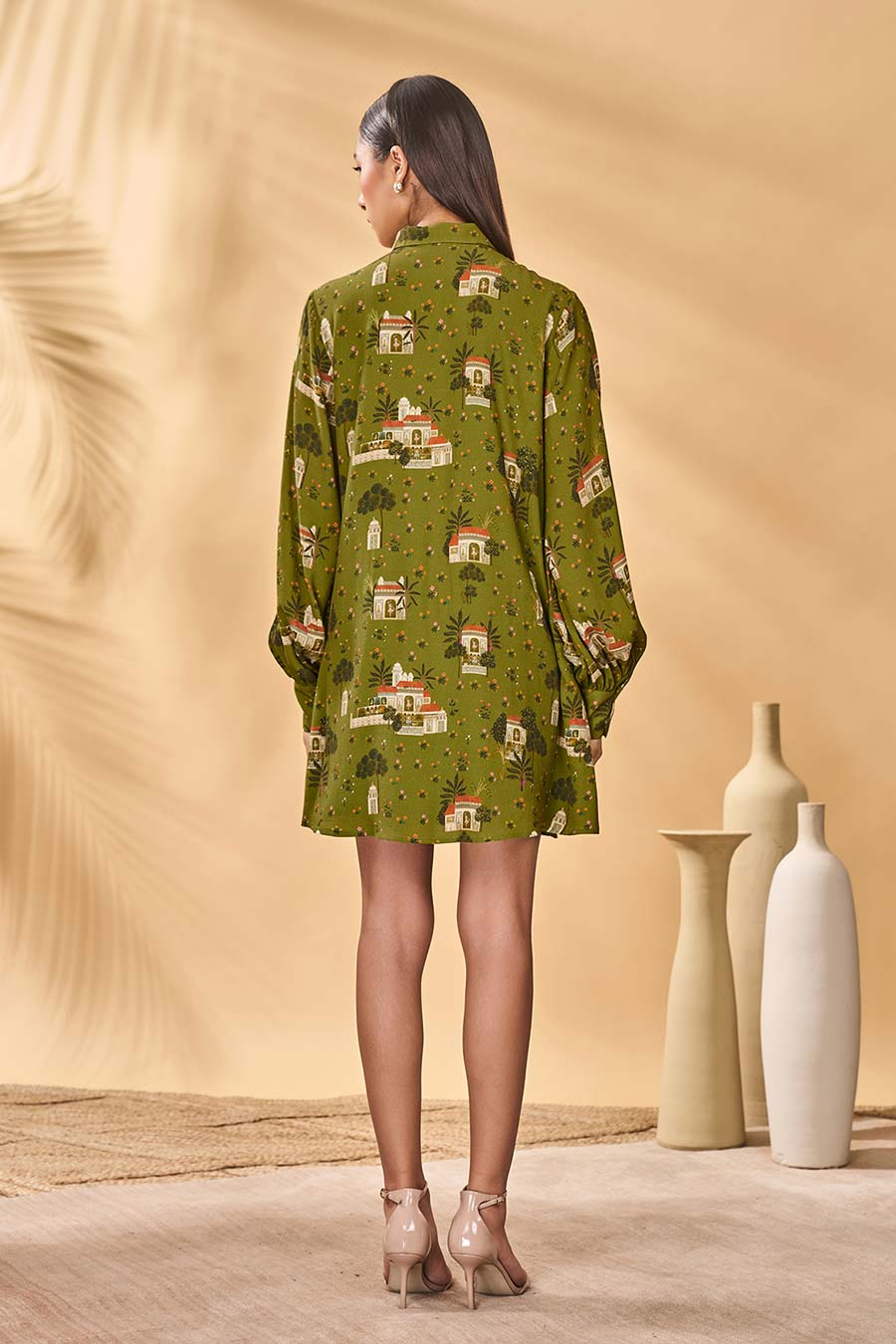 Olive Miniature Dreams Printed Shirt Dress