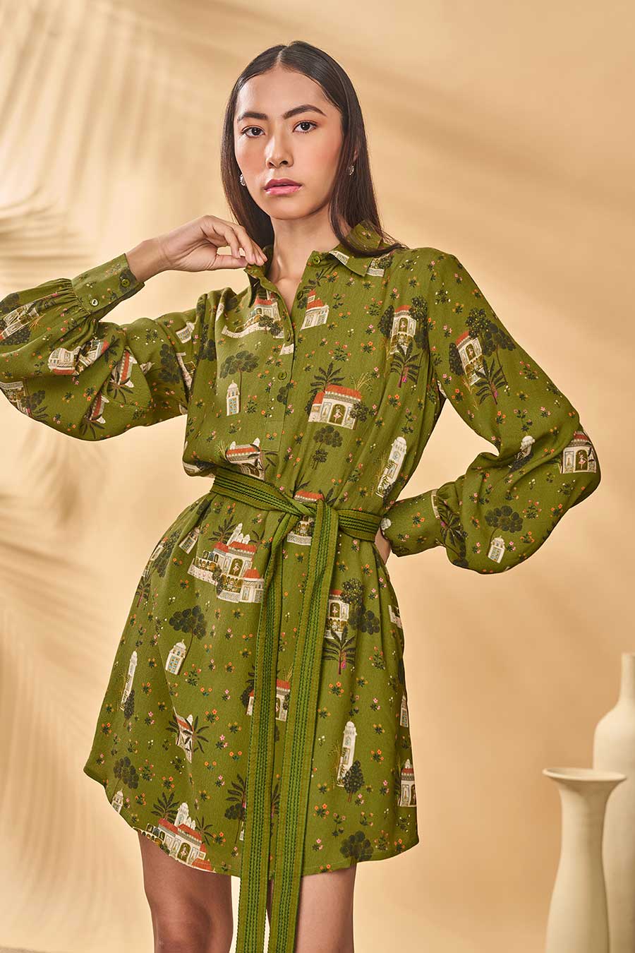 Olive Miniature Dreams Printed Shirt Dress