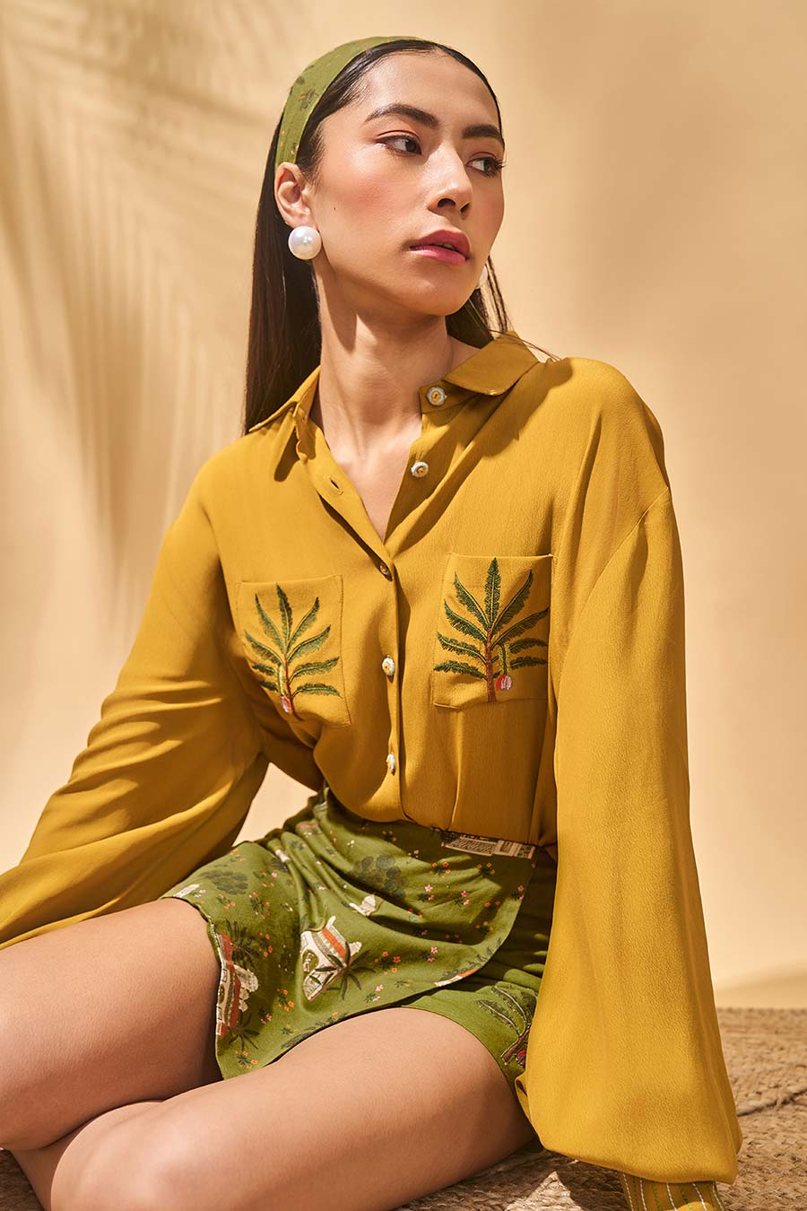 Trellis Palm Printed Mustard Shirt