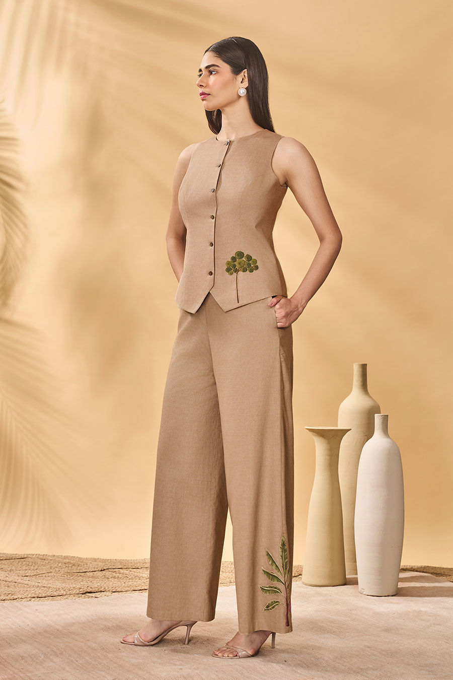 Beige Trellis Palm Patchwork Waistcoat