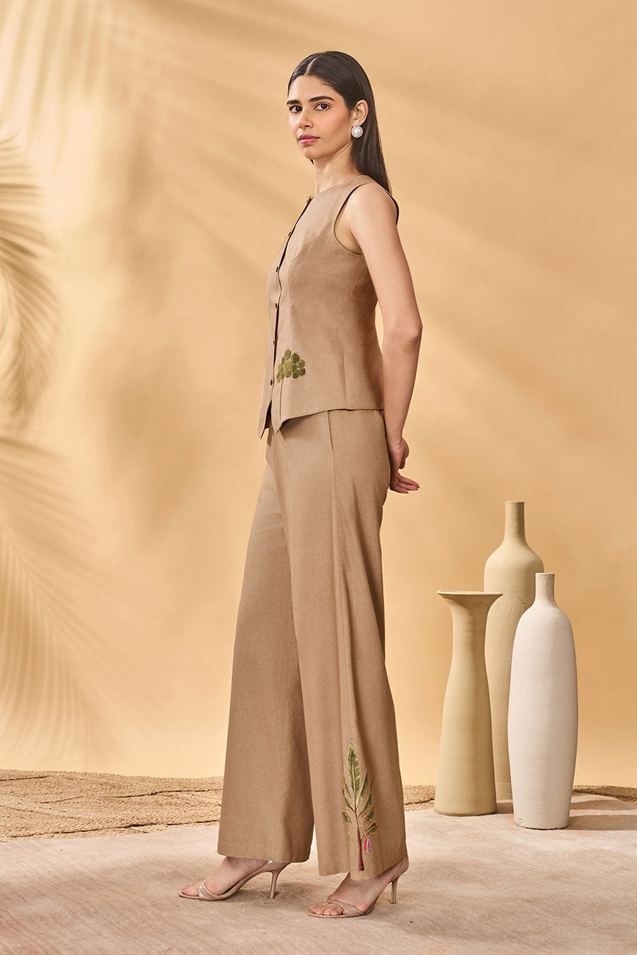 Beige Trellis Palm Patchwork Waistcoat