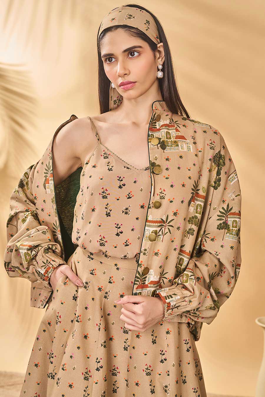 Beige Miniature Dreams Printed Bomber Jacket