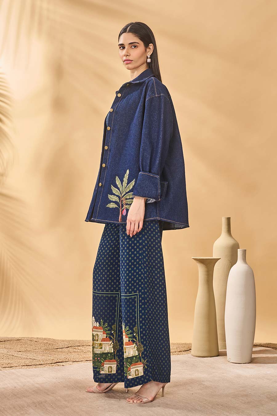 Denim Trellis Palm Patchwork Shirt