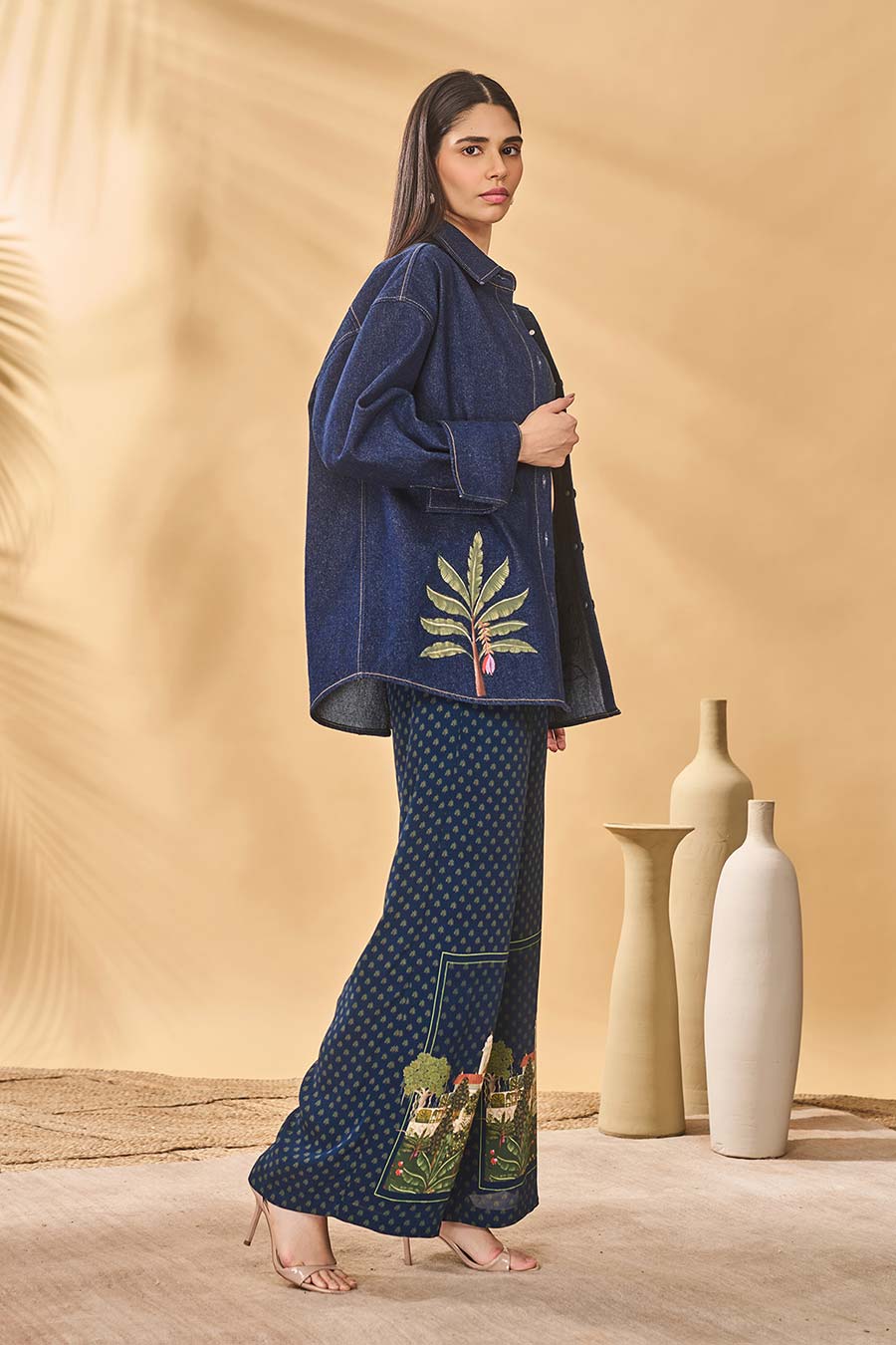 Denim Trellis Palm Patchwork Shirt