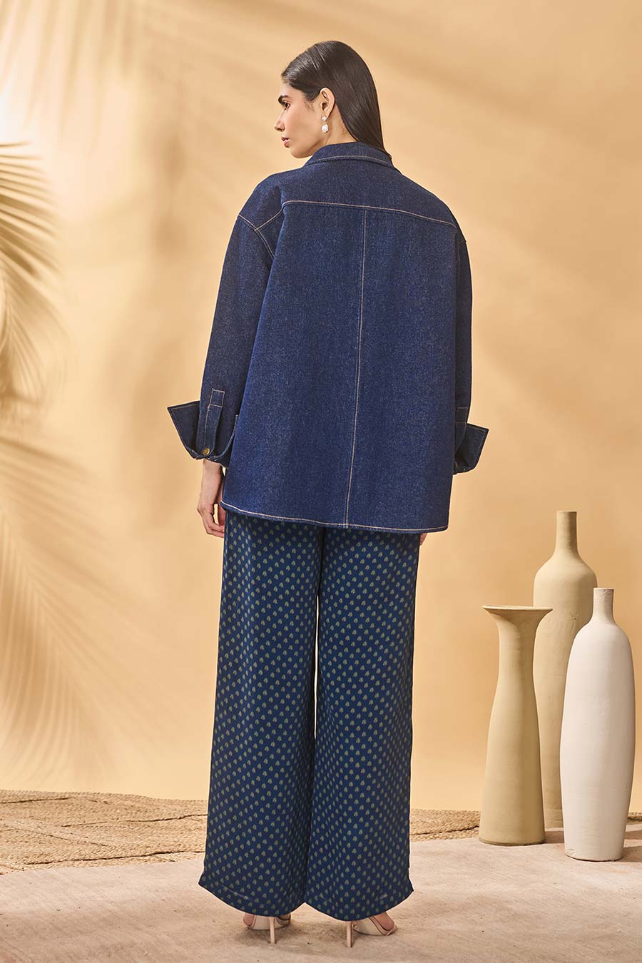 Denim Trellis Palm Patchwork Shirt